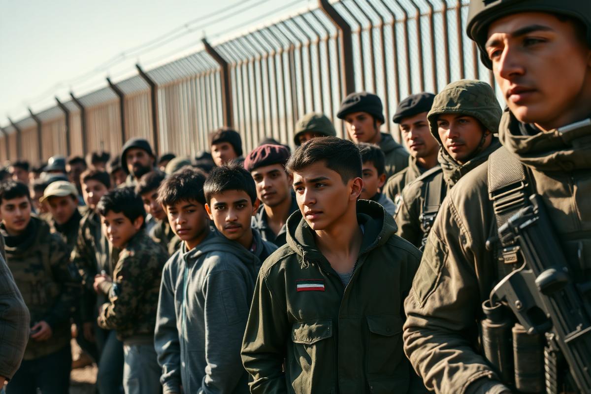 Jóvenes retenidos por militares junto al perímetro fronterizo.